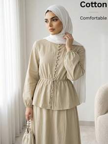 Solavon Women's Elegant Commute Solid Color Shirt & Skirt 2 Pieces Set - Apricot - View 5