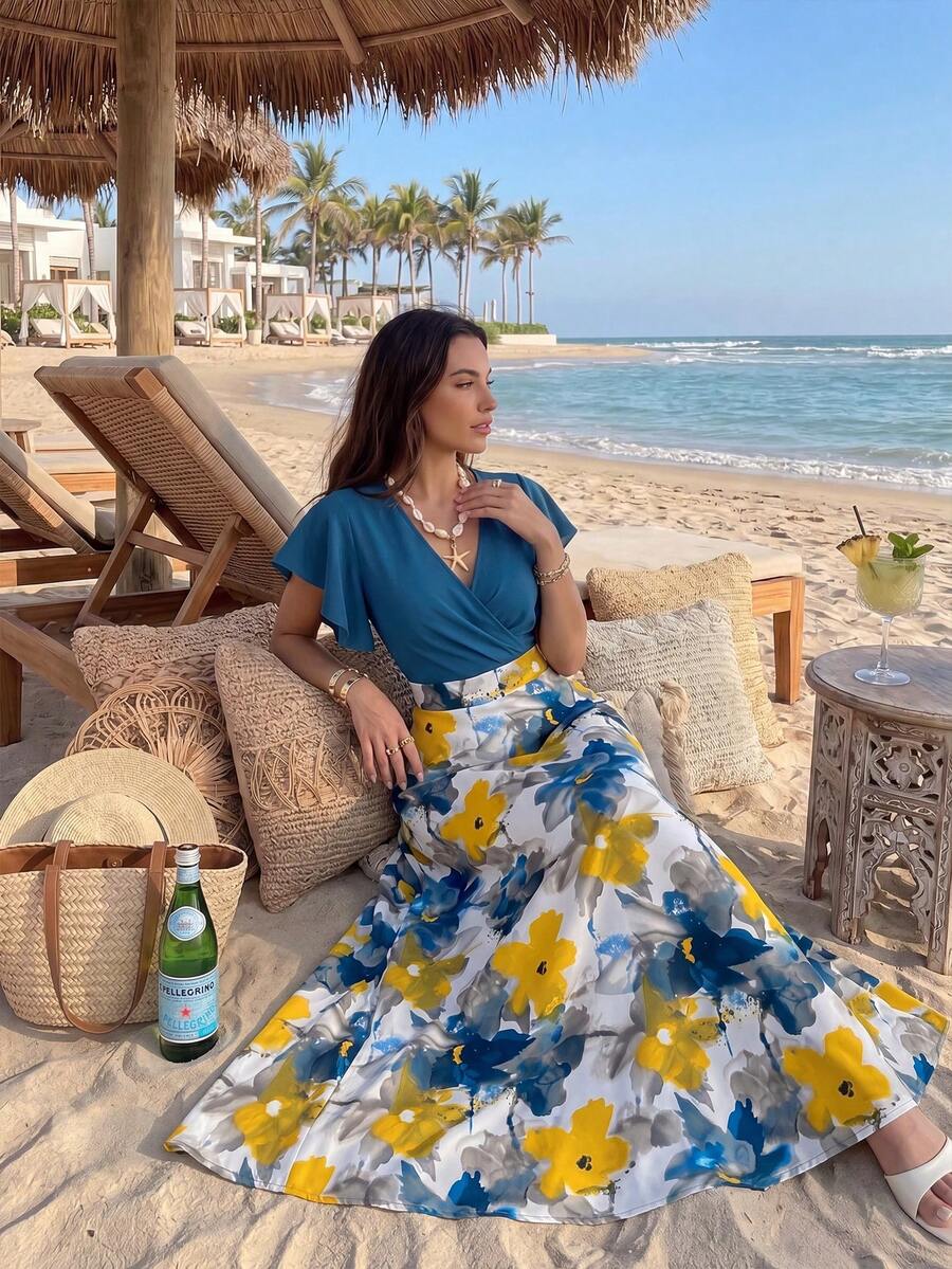 Elenzga Vestido ajustado y acampanado con cuello cruzado, volantes y mangas cortas, con estampado floral colorido, para primavera/verano