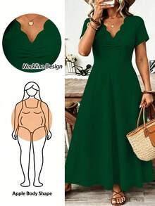 Breezaya Plus Size Women's Wavy Collar Fashion Commuter Long Dress - Dark Green - View 1
