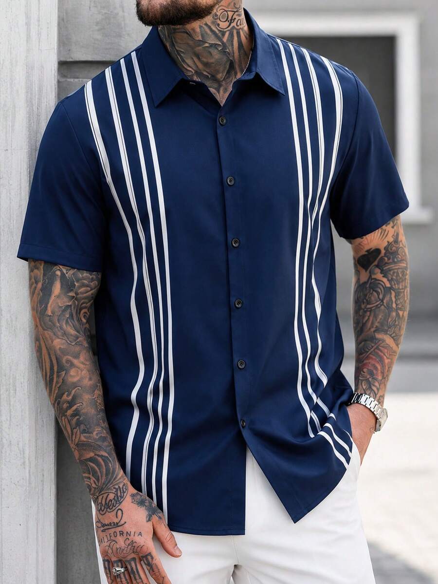 Manfinity CasualCool 男士休閒度假條紋襯衫,儀式穿著 - 彩色 - 查看 1