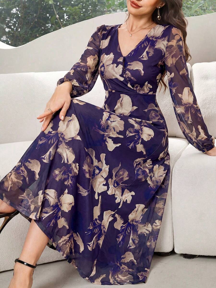 Modelyn 女款優雅花卉印花長洋裝 - Bold Plum - 查看 1