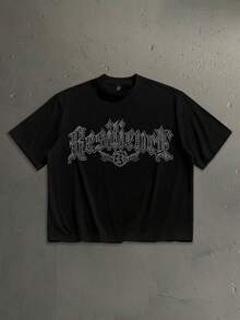 StoneGrade American Retro Gothic Style Faux Rhinestone Fashion Print Men's Black Standard Size Drop Shoulder Short Sleeve T-Shirt - Black - View 1