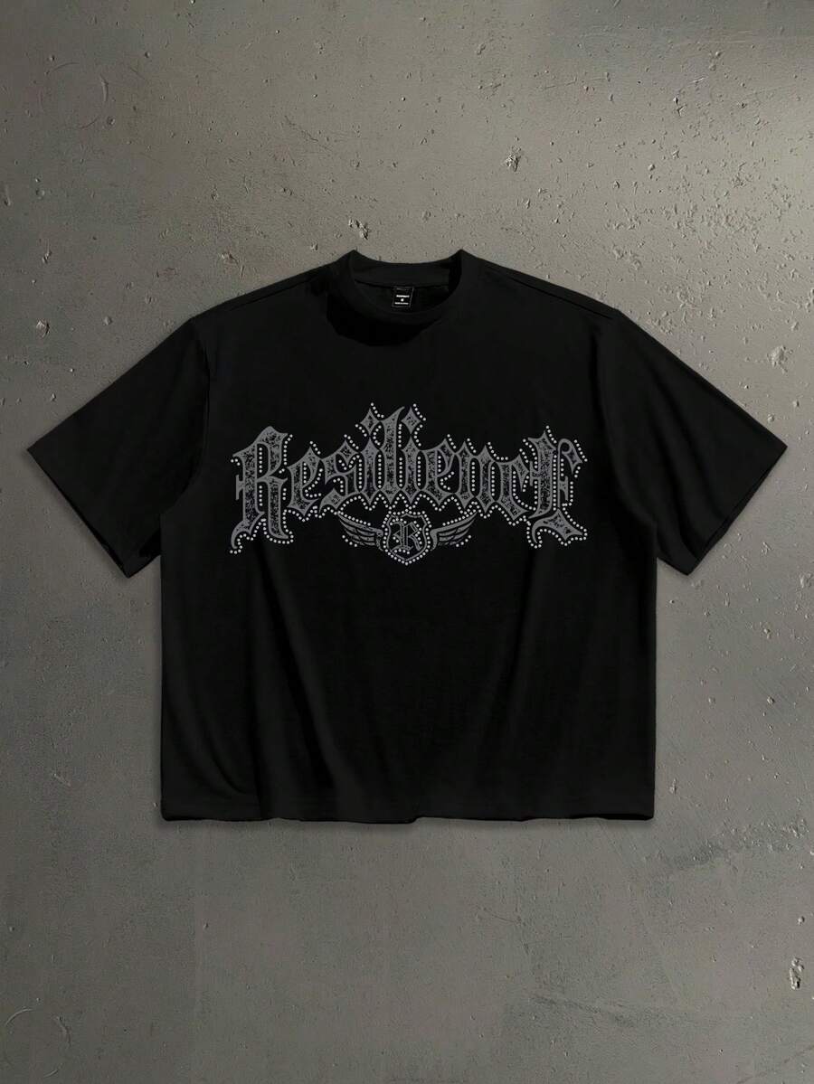 StoneGrade American Retro Gothic Style Faux Rhinestone Fashion Print Men's Black Standard Size Drop Shoulder Short Sleeve T-Shirt - Black - View 1