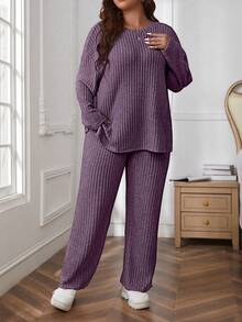 Shapeblank 2pcs Plus Size Solid Color Rib Knit Long Sleeve Top And Pants Set, Casual Autumn Fall - Purple - View 3