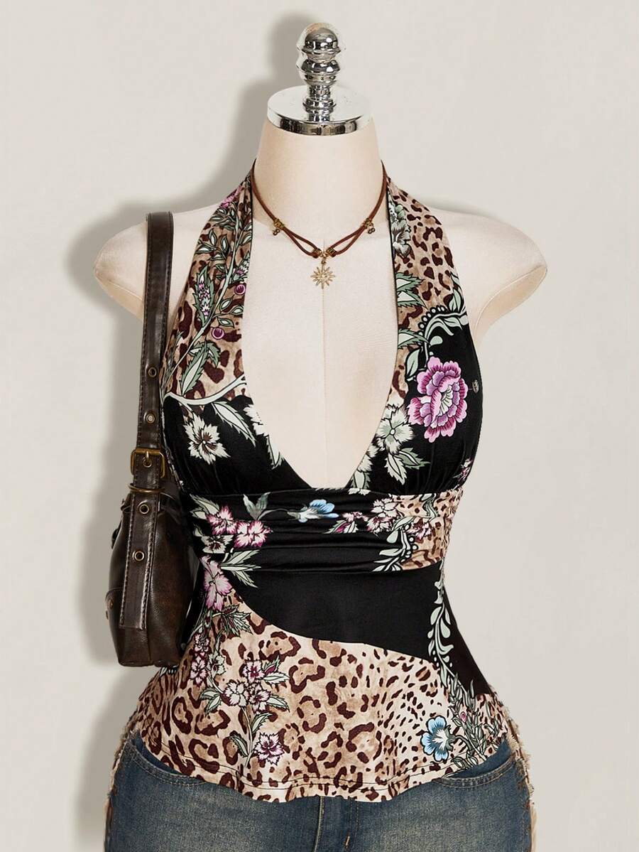 SHEIN ICON 女款中式拼接色豹紋花卉露背掛脖上衣 - 黑色 - 查看 1