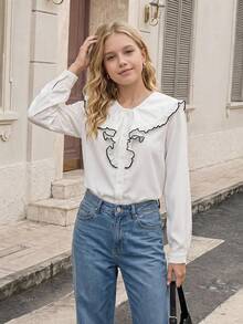 SHEIN 1件女童翻領長袖休閒襯衫開襟衫，秋季返校季青少年女孩服飾 - 白色 - 查看 4