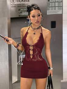 SHEIN Jeanoir 性感透視蕾絲露背鏤空設計女款迷你洋裝 - 酒紅色 - 查看 7
