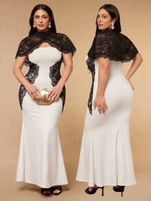 SHEIN BAE CURVE Plus Size Women's Black Lace Patchwork Long Dress, Cover-Up Top Set Evening Wedding Summer Formal Elegant - White - View 3
