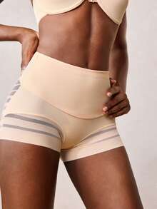 Veilyse 1pc Women High Waist Shaping Panties, Striped Lifting Mesh Waist Slimming Pants, Abdomen Control Flat Belly Shapewear Shorts - Apricot - View 8