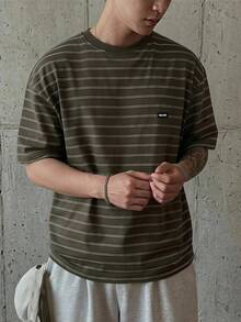 DAZY 夏季男士短袖軍綠色條紋多色T恤 - 軍綠色 - 查看 3