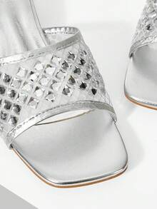 MOTF WOMEN SHOES NEW FRENCH RETRO FASHION SQUARE TOE MESH HOT DRILL HOLLOW THICK HEEL SANDALS, SILVER ELEGANT AND COMFORTABLE VERSATILE SUMMER - Silver rhinestones - View 7