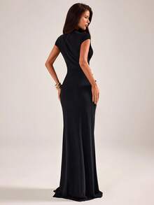 SHEIN BAE Black Waterdrops Embroidered Chinese Style Qipao Dress With High Slit, Women Black Sheer Hollow-Out Sexy Dress - Black - View 2
