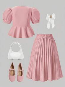 Elladie kids 女童方領泡泡袖優雅套裝，適合日常穿著、派對與外出 - 粉色 - 查看 2