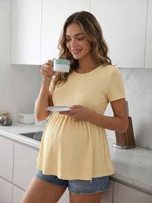 SHEIN Maternity Round Neck Short Sleeve Solid Color Textured High Waist Ruffle Hem T-Shirt - Yellow - View 11