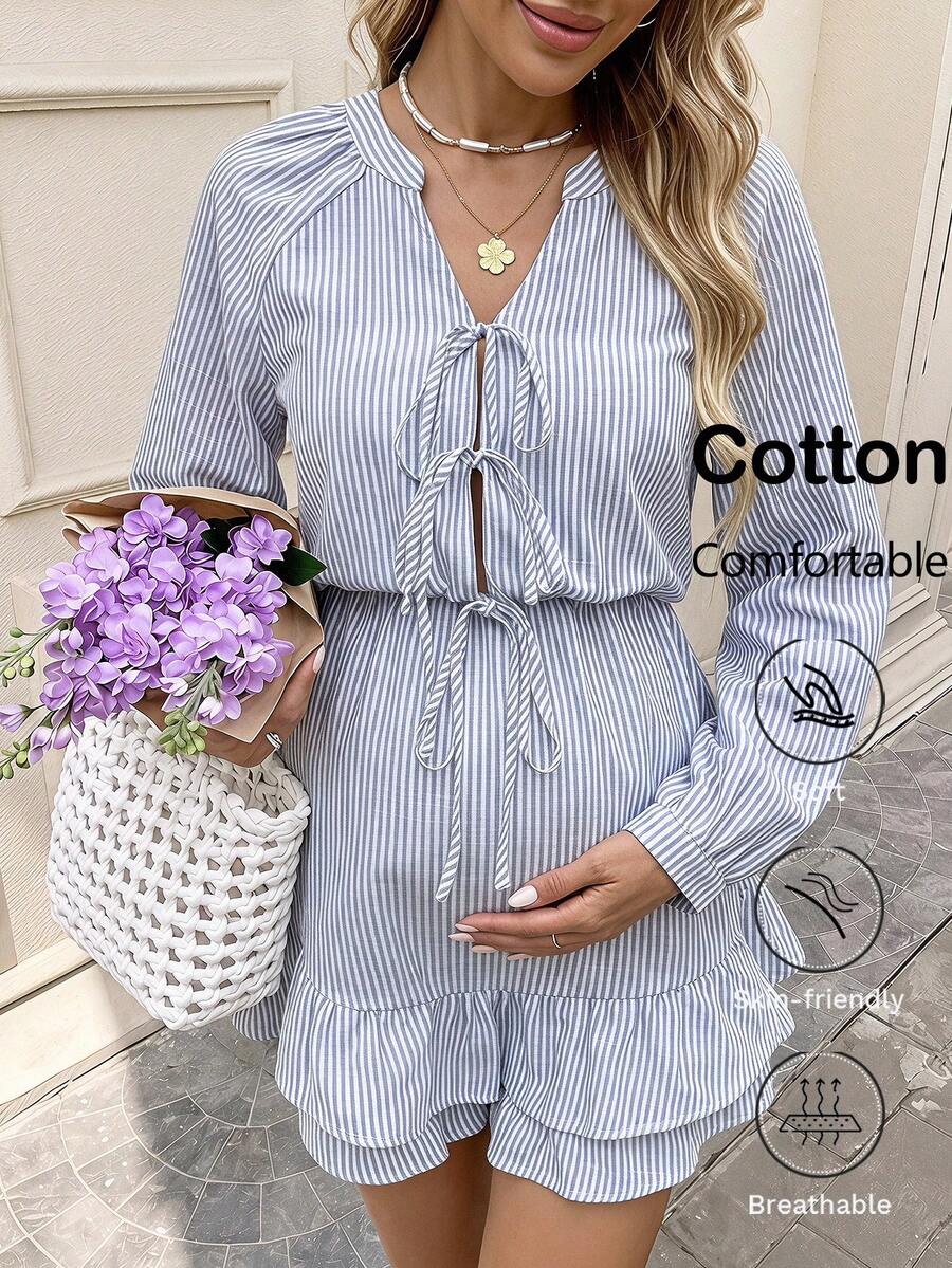 SHEIN Nursing Blue Raglan Sleeve Tie-Waist Loose Jumpsuit Boho Maternity Autumn Outfits Casual Baby Shower Loungewear Formal Tidur