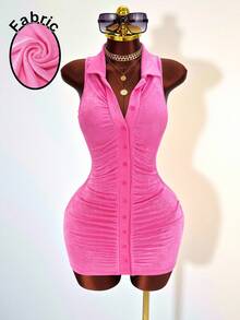 BamGleam Hot Girl Style Bright Pink Sleeveless Halter Neck Dress, Lapel Single Breasted Pleated Slim Fit Bodycon Mini Dress - Pink - View 3