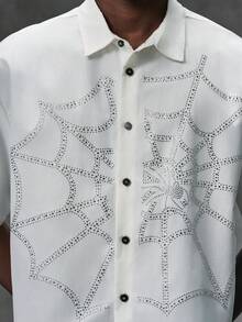 NEON BLANC 男士水鑽蜘蛛網網格圖案短袖單排扣襯衫 - 白色 - 查看 5