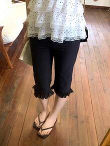 DAZY Women's Solid Color Casual Ruffle Hem Capris Summer - Black - View 1