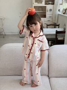 DAZY 女嬰條紋短袖上衣與長褲家居服幼兒 - 藕粉色 - 查看 5