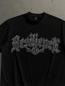 StoneGrade American Retro Gothic Style Faux Rhinestone Fashion Print Men's Black Standard Size Drop Shoulder Short Sleeve T-Shirt - Black - View 2