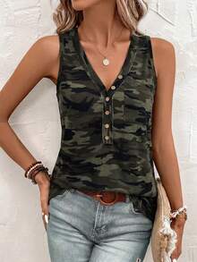 SHEIN Clasi 女款V領迷彩休閒百搭日常上衣 - 軍綠色 - 查看 6