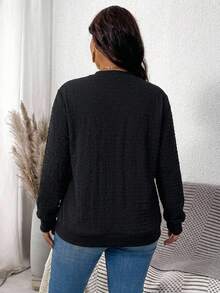 SHEIN LUNE 女款純黑色紋理布料百搭春秋運動衫 - 黑色 - 查看 2