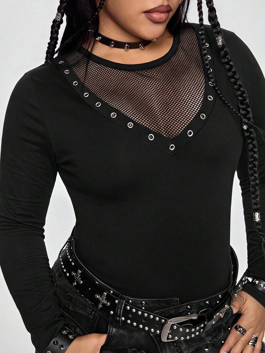 ROMWE Grunge Punk Plus Size Hot Girl Punk Metal Eyelet Design Mesh Hollow Out Patchwork Fitted Long Sleeve T-Shirt - Black - View 1