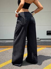 Coolane 女款秋季街頭風外出演唱會 Y2K 牛仔女郎休閒復古水洗鉚釘寬腿牛仔褲 低腰棉質香蕉哈倫褲 - 黑色 - 查看 6