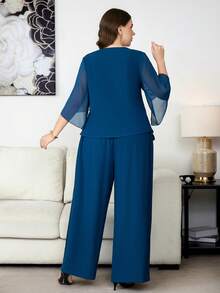 Reflora Conjunto de top y pantalones de unicolor elegante para ir al trabajo en talla grande - Azul - Ver 2