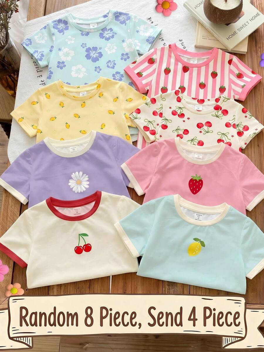 SHEIN 4pcs/Set Baby Girl Cute Fruit Print T-Shirts,Pink And White,Summer,Graduation,Short Sleeve Round Neck Tops,Casual Sweet Strawberry Lemon Cherry Tees - Multicolor - View 1