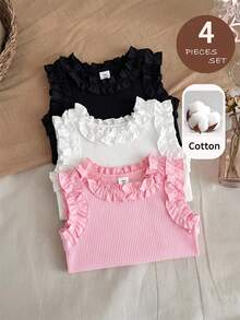 SHEIN Genkimix Kids 少女 3 件組：夏季純色荷葉邊背心上衣－粉色、白色與黑色 - 彩色 - 查看 8