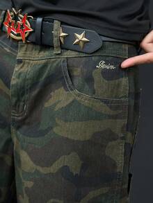Manfinity EMRG 男士街頭風休閒刺繡多口袋迷彩牛仔工裝短褲，度假款 - 軍綠色 - 查看 8