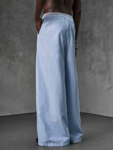 NEON BLANC Men's Slate Blue Wide Leg Pants, Drawstring Waist Loose Fit Streetwear - Blue and White - View 4