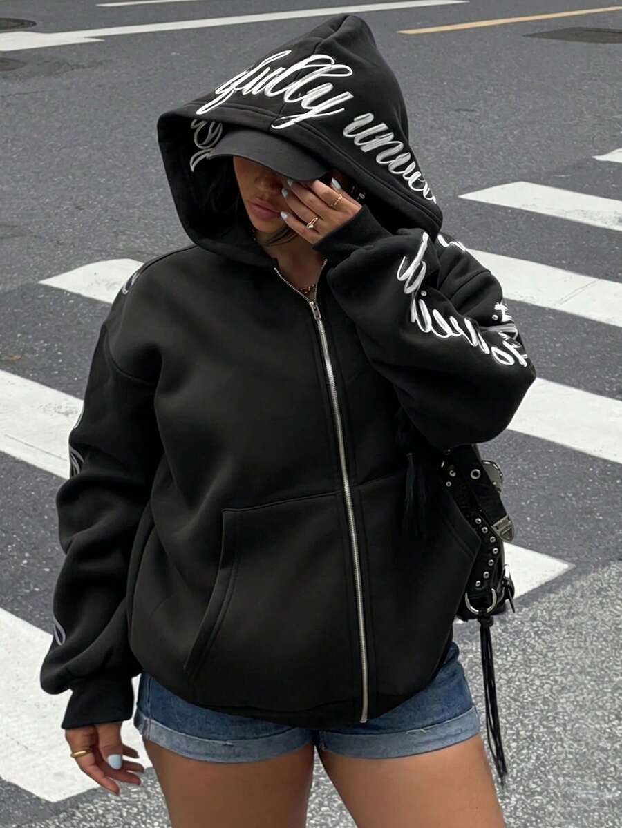 Muchica 女款大尺碼休閒字母刺繡連帽衛衣 秋季