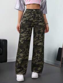 SHEIN ICON 大尺碼女款休閒口袋直筒牛仔褲 - 軍綠色 - 查看 5