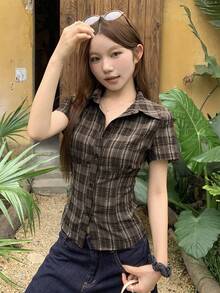 DAZY 女士夏季纯色翻领修身短袖白色衬衫 - 粉色 - 查看 7