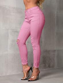 SHEIN SXY Casual Solid Color Distressed Slim Fit Denim Jeans - Pink - View 4