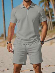 Manfinity Dauomo Men's Solid Zip-Up Short Sleeve Polo Shirt And Pocket Shorts Set - Light Grey - View 4