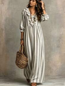 SHEIN Holidaya Women's Long Striped Print V-Neck Ruffle Collar Long Sleeve Maxi Dress, Elegant Fashionable Casual Vacation Holiday Party Business Commute Style - Multicolor - View 6