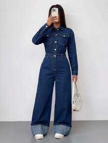 SHEIN EZwear 女款時尚通勤牛仔連身褲 秋季優雅街頭風休閒 Y2K 時尚基礎款 適合節慶返校外出旅行 海軍藍 - 藍色 - 查看 6