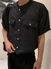 DAZY Short Sleeve Collarless Minimalist Textured Fabric Men's Shirt Summer - Black - View 4
