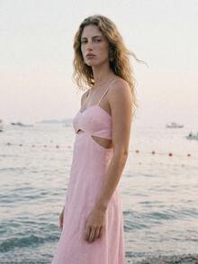 MOTF PREMIUM VACATION LINEN SPAGHETTI STRAP HOLLOW WAIST BACKLESS A-LINE DRESS SPRING SUMMER - Pink - View 3