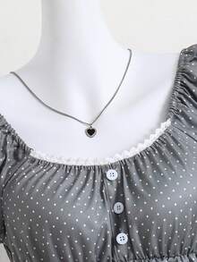 SHEIN 青少年女孩波點蕾絲飾邊荷葉邊休閒百搭日常穿著襯衫 - 灰色 - 查看 3