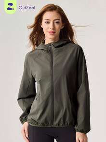 OutZeal Women Outdoor Jacket Workout Gym Hooded Drawstring Hem Jacket - Dark Green - View 1