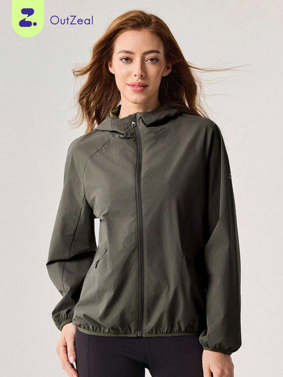 OutZeal Women Outdoor Jacket Workout Gym Hooded Drawstring Hem Jacket - Dark Green - View 1