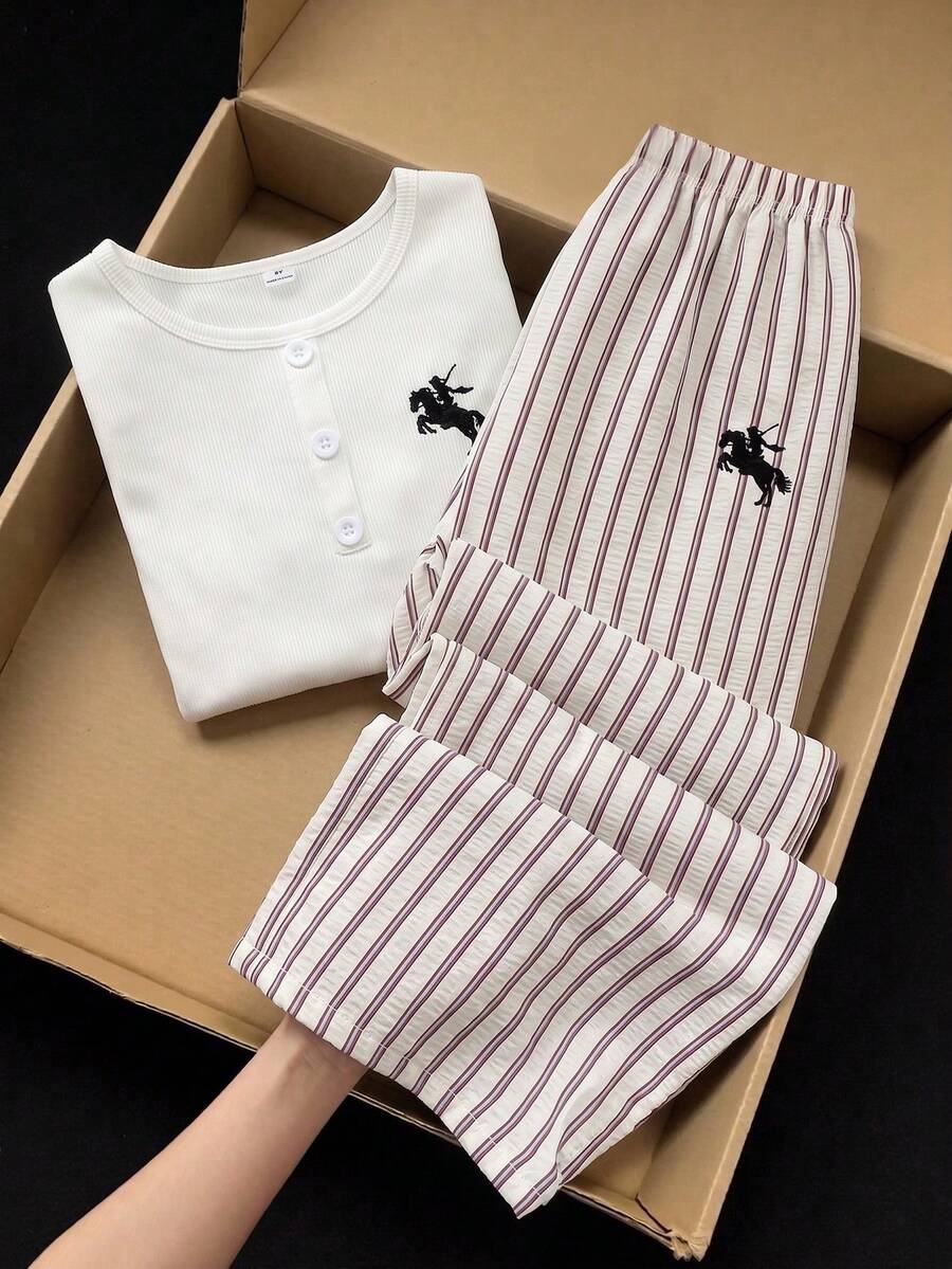 SHEIN Elladie kids 女童簡約休閒奢華風小馬印花套裝，半扣短袖T恤 + 黑白直條紋寬腿褲，2件套，春夏日常街頭穿搭