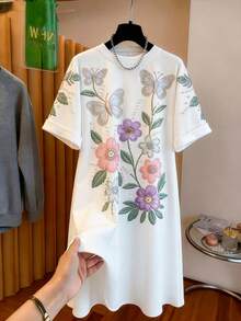 GlowEve CURVE Plus Size Women's Best-Selling Elegant Elegant 3D Heavy Embroidery Beaded Craft Slimming Solid Color Short Sleeve Round Neck Dress, Suitable For Daily Commute, Outings, Gatherings, Dates, Photos, Vacation And Travel - Multicolor - View 4