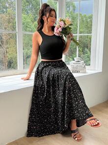 SHEIN EZwear 黑色背心上衣與碎花裙休閒大尺碼套裝 - 黑色 - 查看 6
