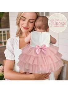 Loomiva Newborn Baby Girl Knitted Top Multi-Layer Front Print Pink Tulle Hem Cake Skirt Bow Dress Cute Summer White Embroidery Sleeveless Ruffle Dress Back Invisible Zipper Comfortable - Pink - View 3