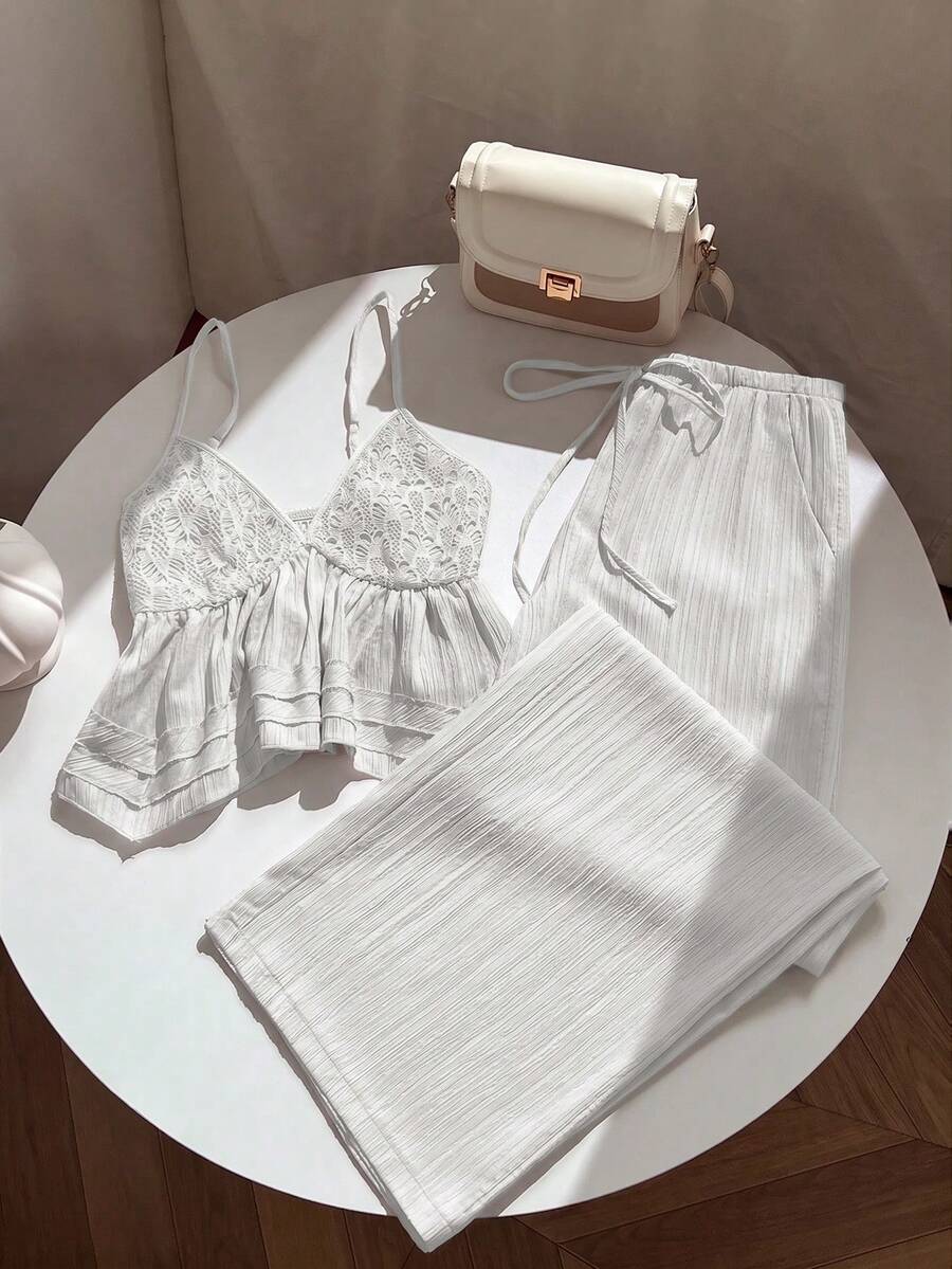 SHEIN Unity Women's Set Camisole Top With Textured Patchwork Design, Casual Straight Leg Pants With Drawstring And Pockets - White - View 1